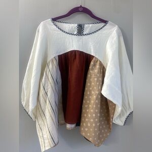 La Reunion Patchwork Mixed Print Babydoll Peplum 3/4 Sleeve Linen Blouse OS